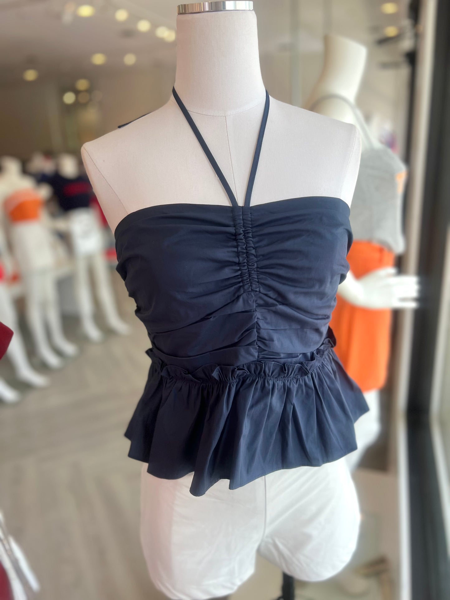 Navy Ruched Halter Top