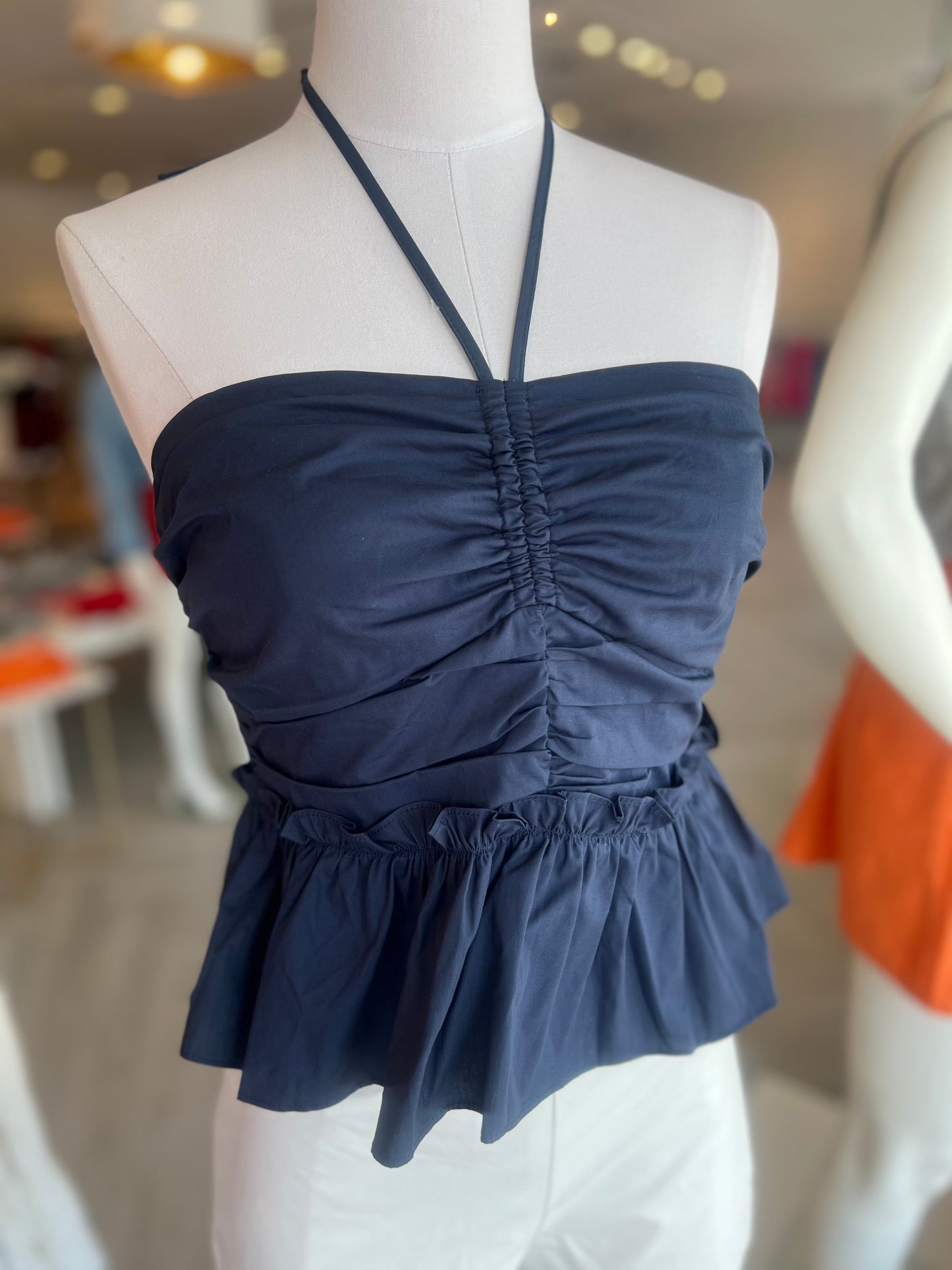 Navy Ruched Halter Top