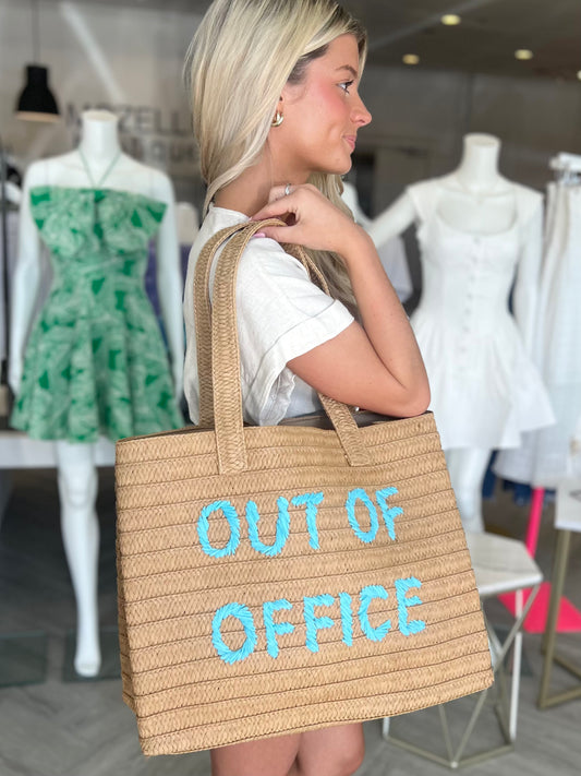 "Out of Office" Blue Stitch Straw Bag