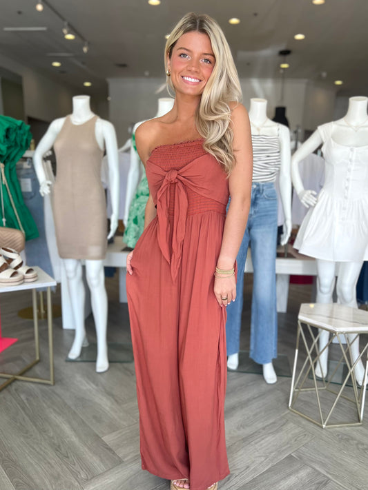 Rayon Tied Jumpsuit in Clay