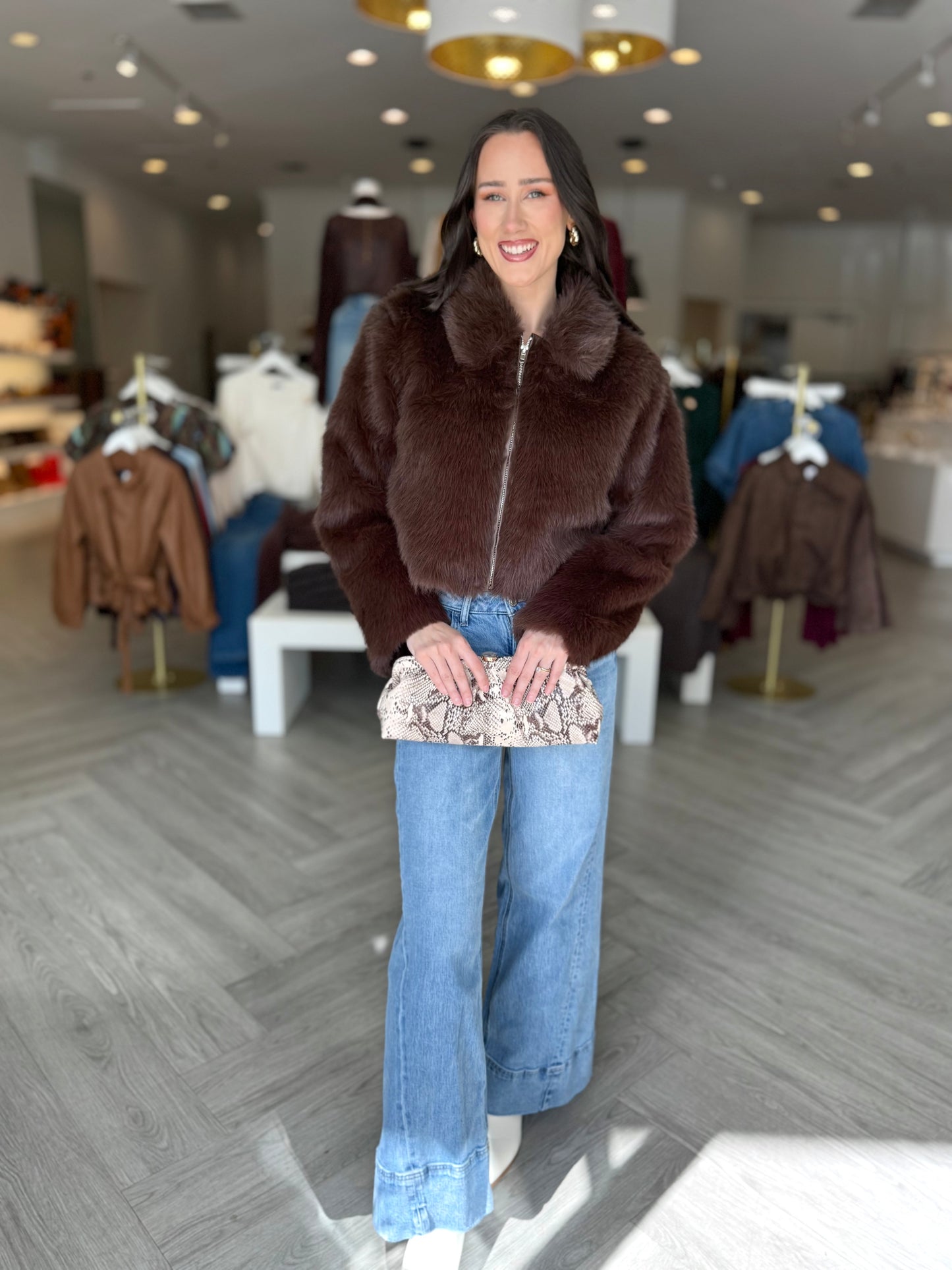 Chocolate Leather Hem Fur Jacket