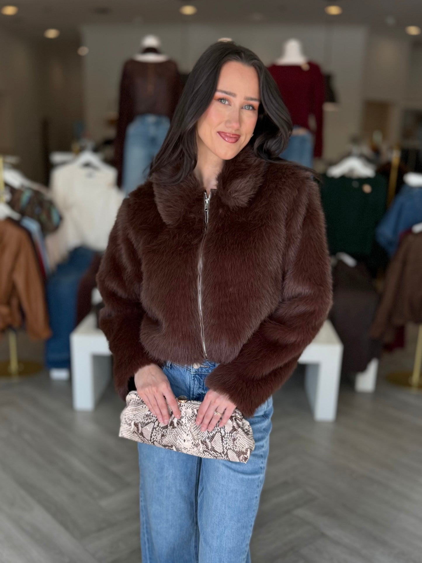 Chocolate Leather Hem Fur Jacket