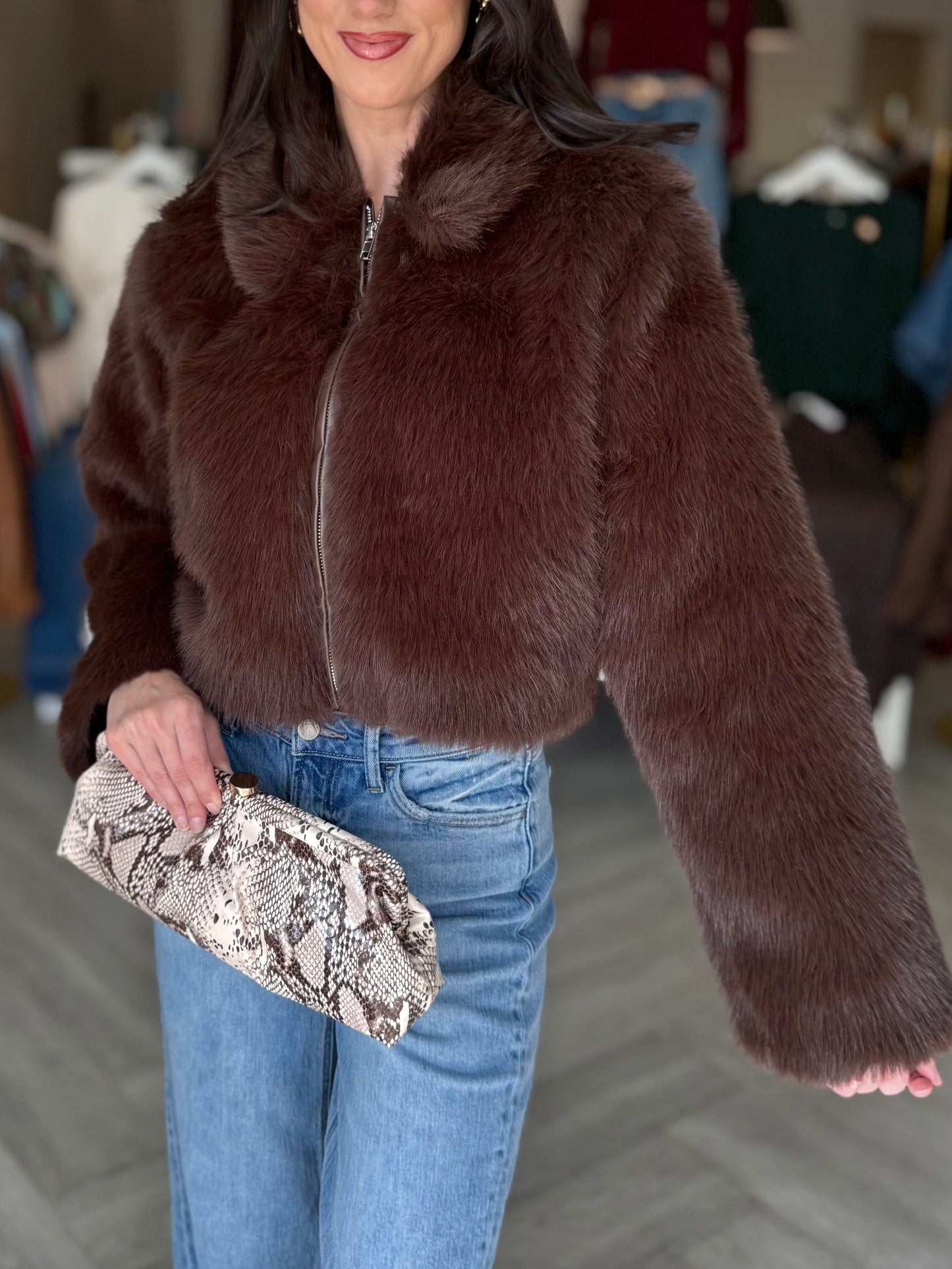 Chocolate Leather Hem Fur Jacket