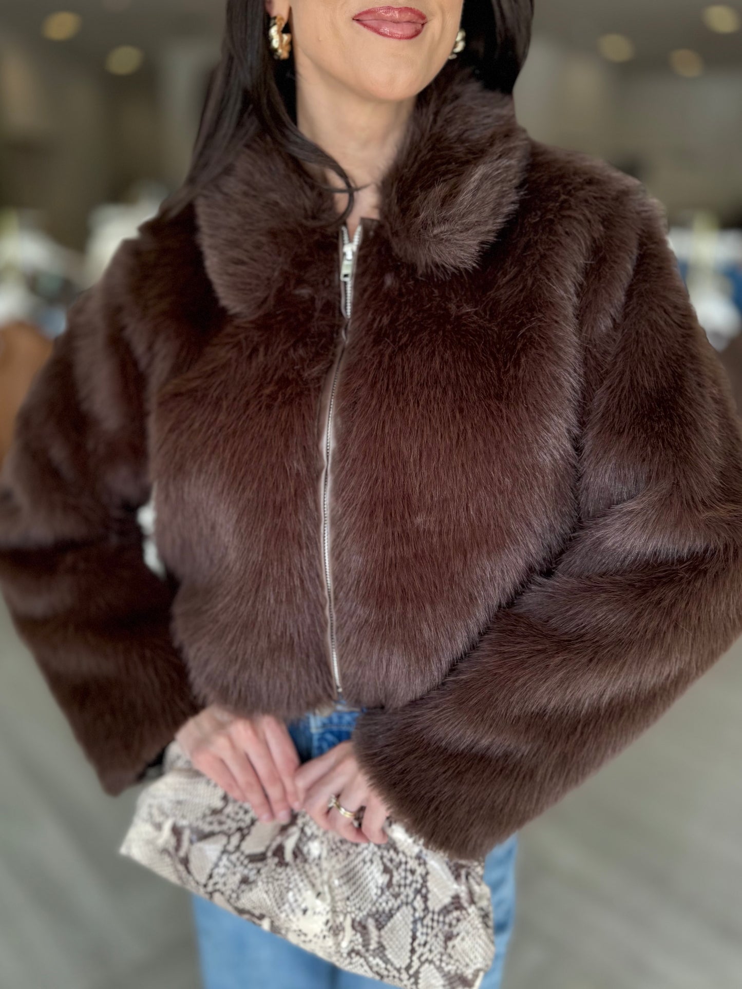 Chocolate Leather Hem Fur Jacket