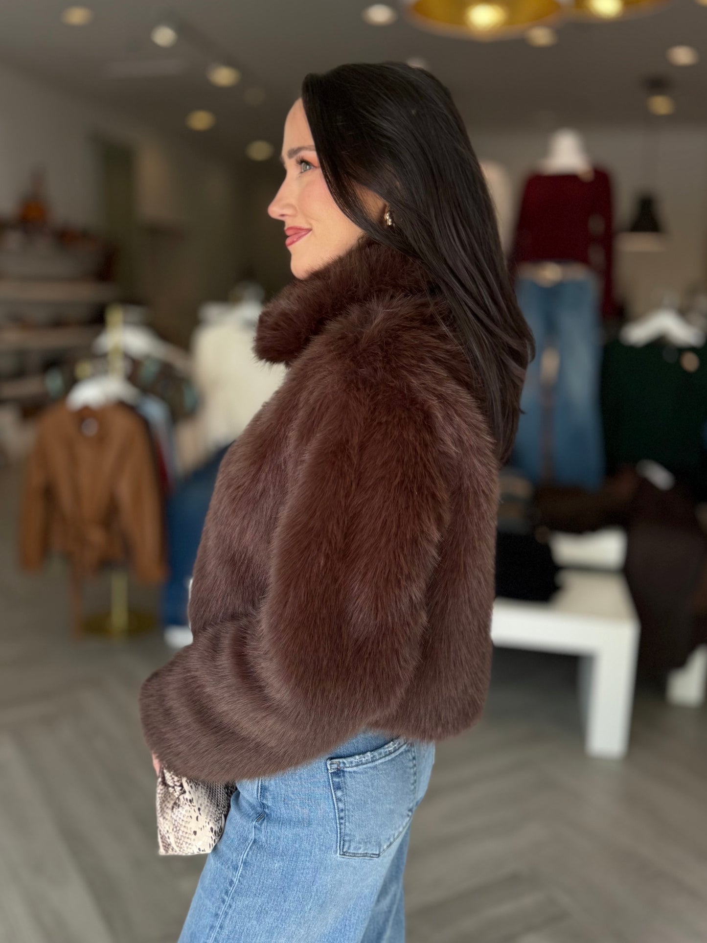 Chocolate Leather Hem Fur Jacket