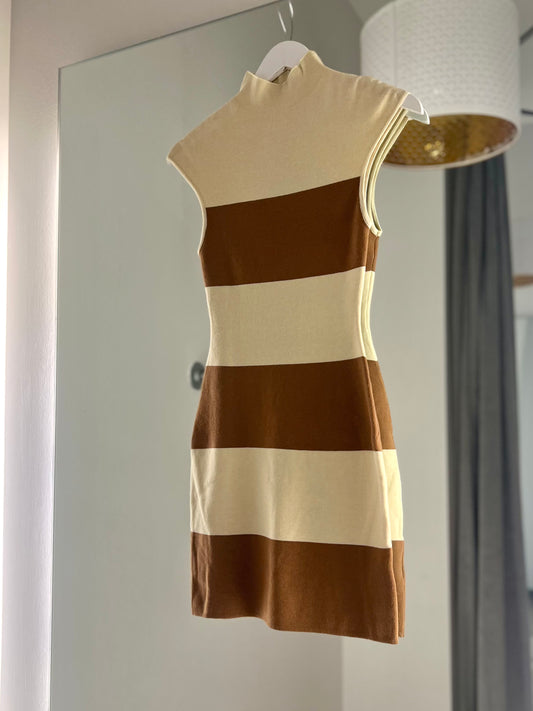 Cream-Brown Stripe Sweater Dress