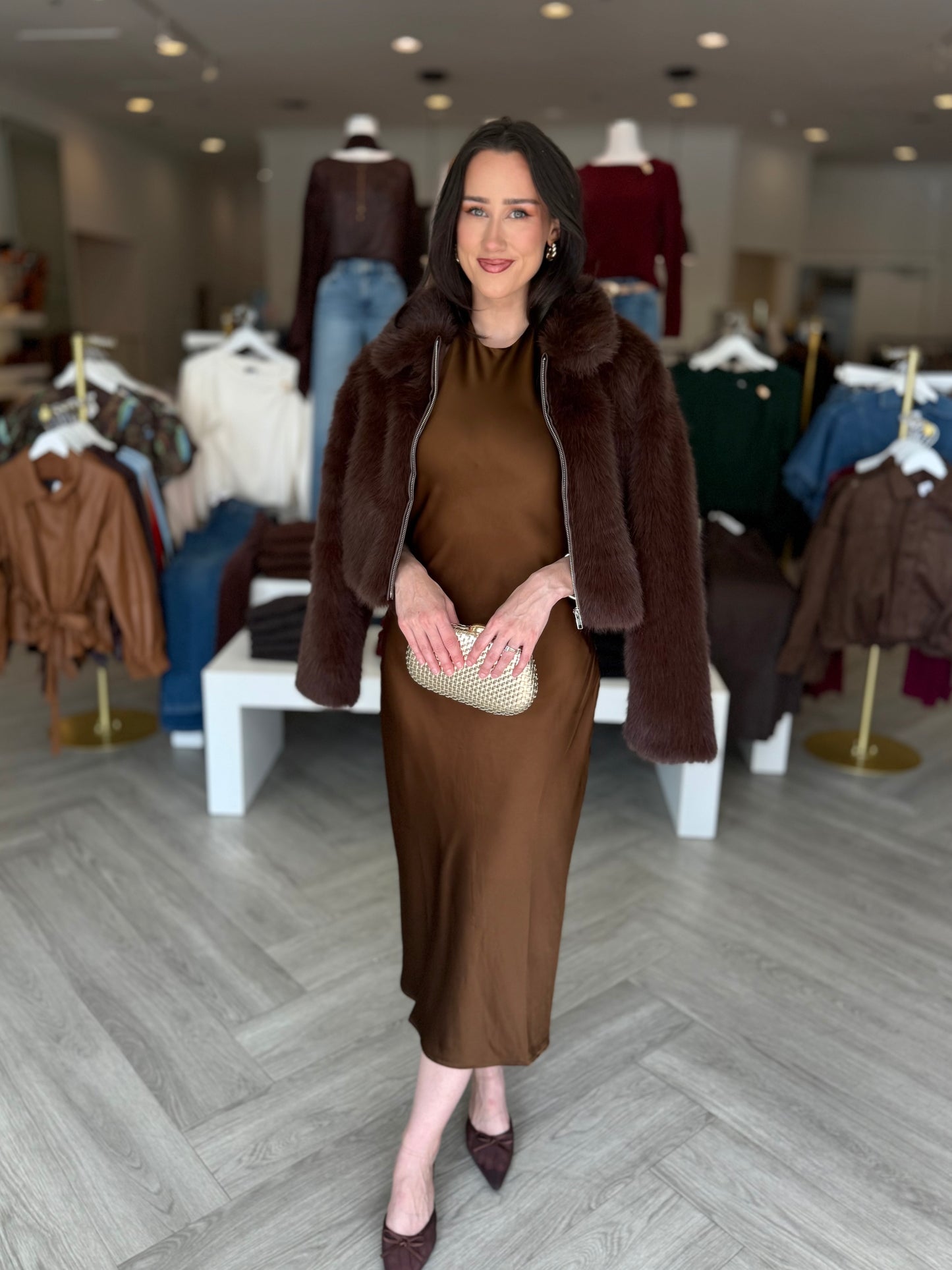 Chocolate Leather Hem Fur Jacket