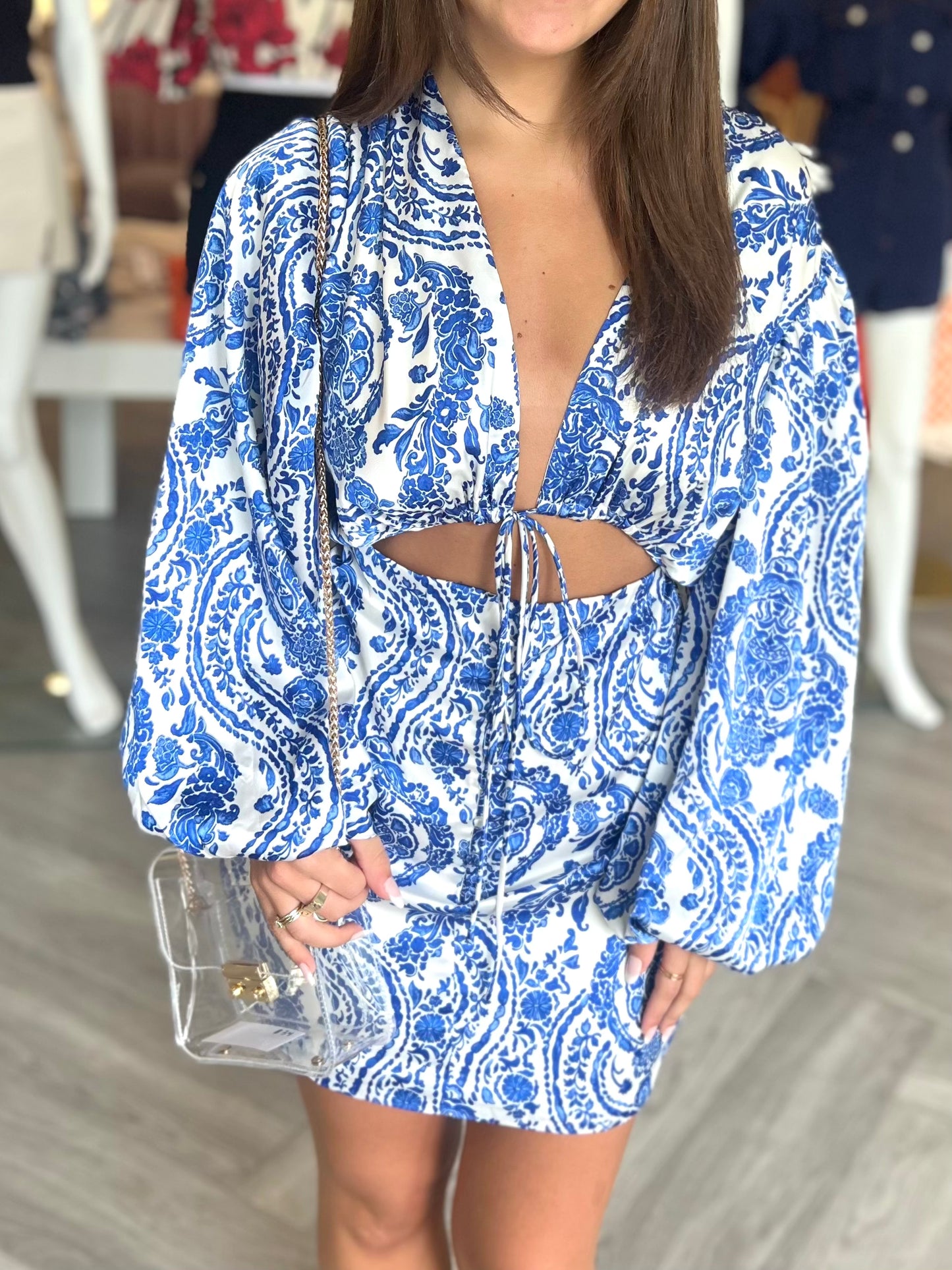 Ivory Blue Balloon Sleeve Dress