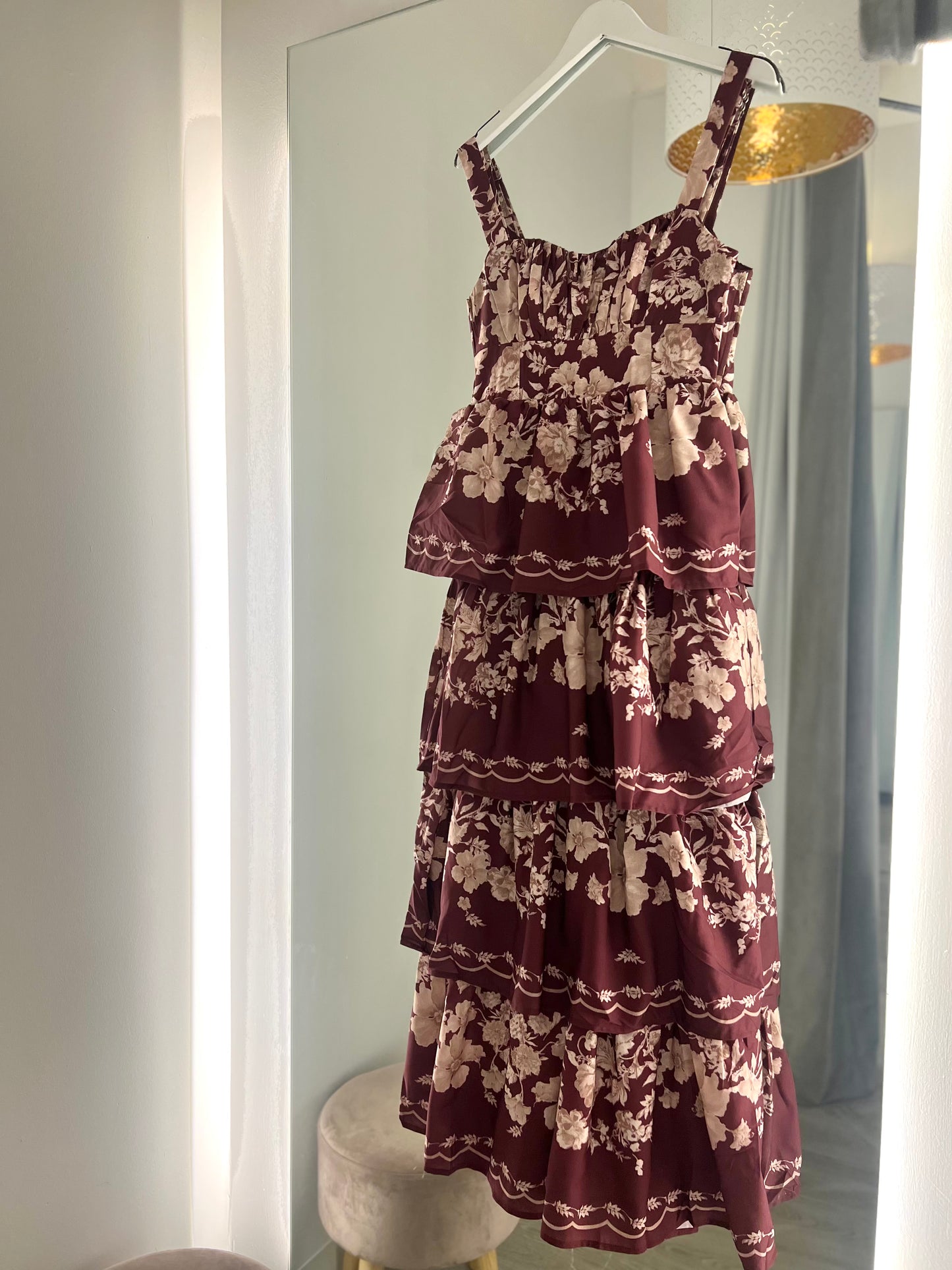 Wine Floral Tiered Maxi Dress