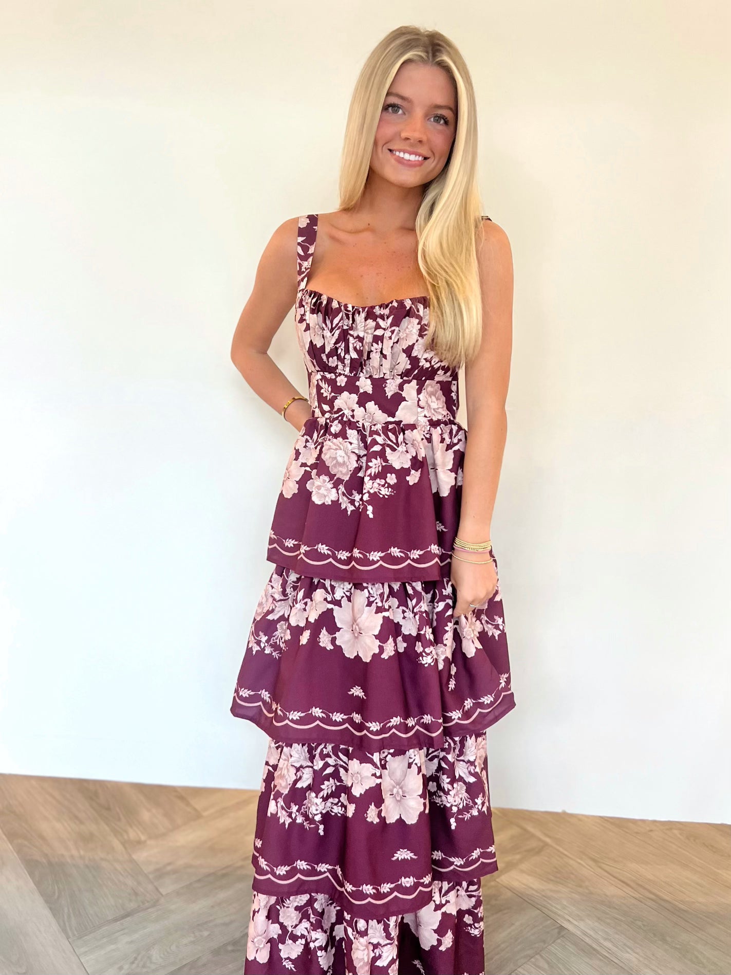 Wine Floral Tiered Maxi Dress