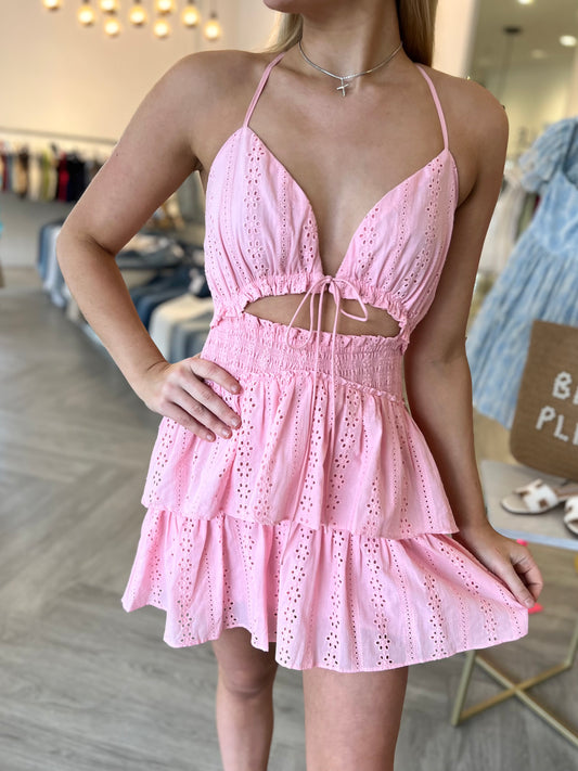 Pink Lace Ruffle Mini Dress