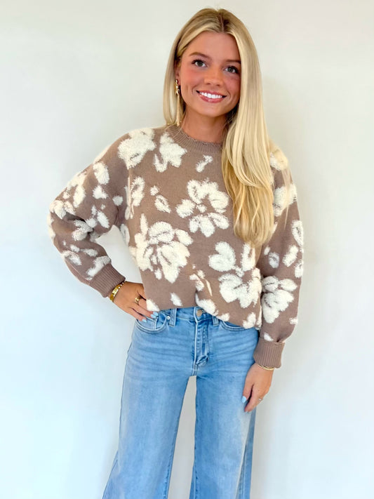 Taupe Floral Distressed Crewneck