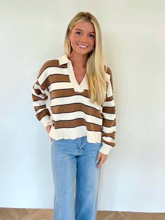 Mocha Lightweight Striped Polo Sweater