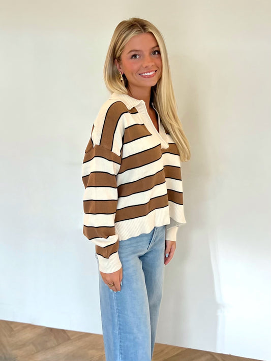 Mocha Lightweight Striped Polo Sweater