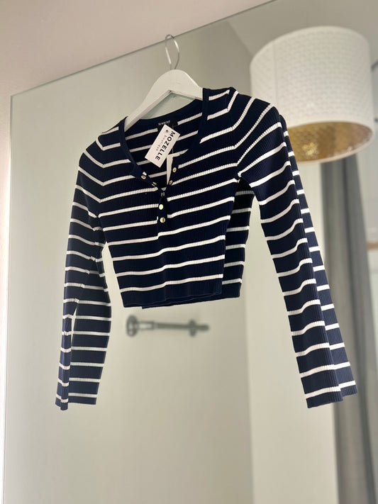 Navy Stripe Quarter Button Top