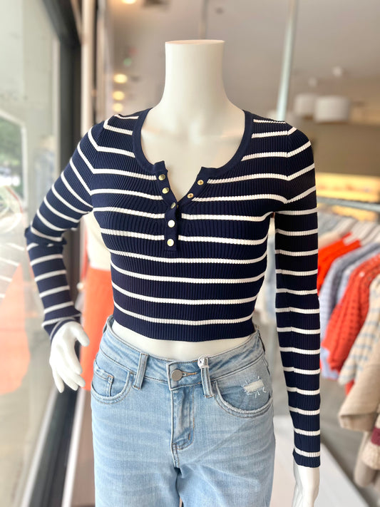 Navy Stripe Quarter Button Top