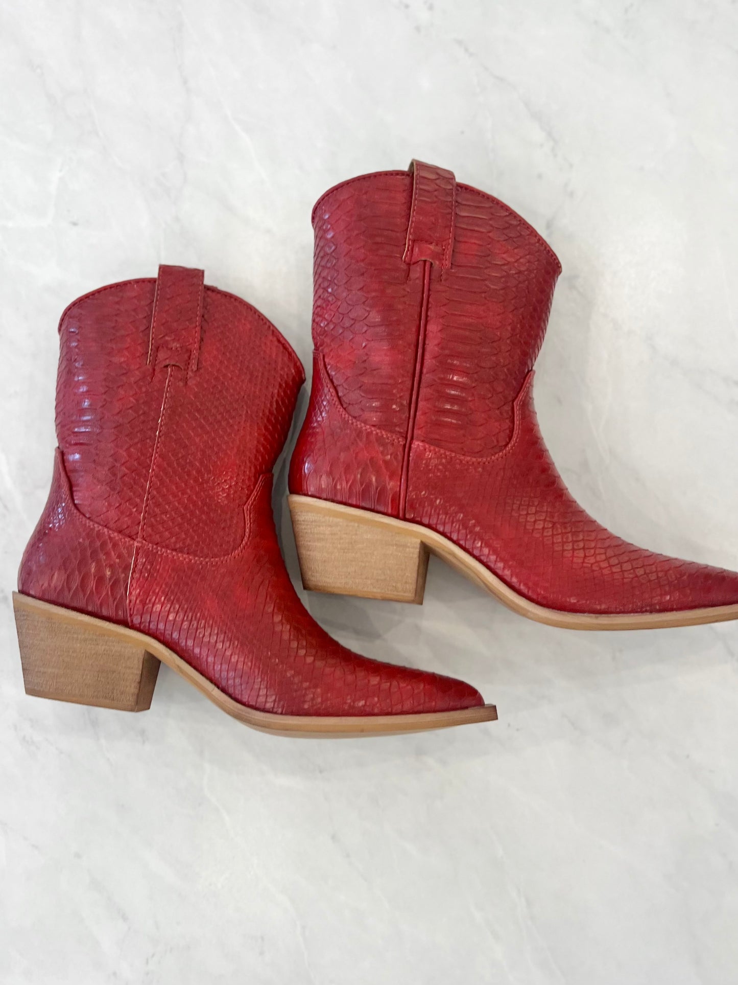 Red Snakeskin Cowboy Heeled Booties