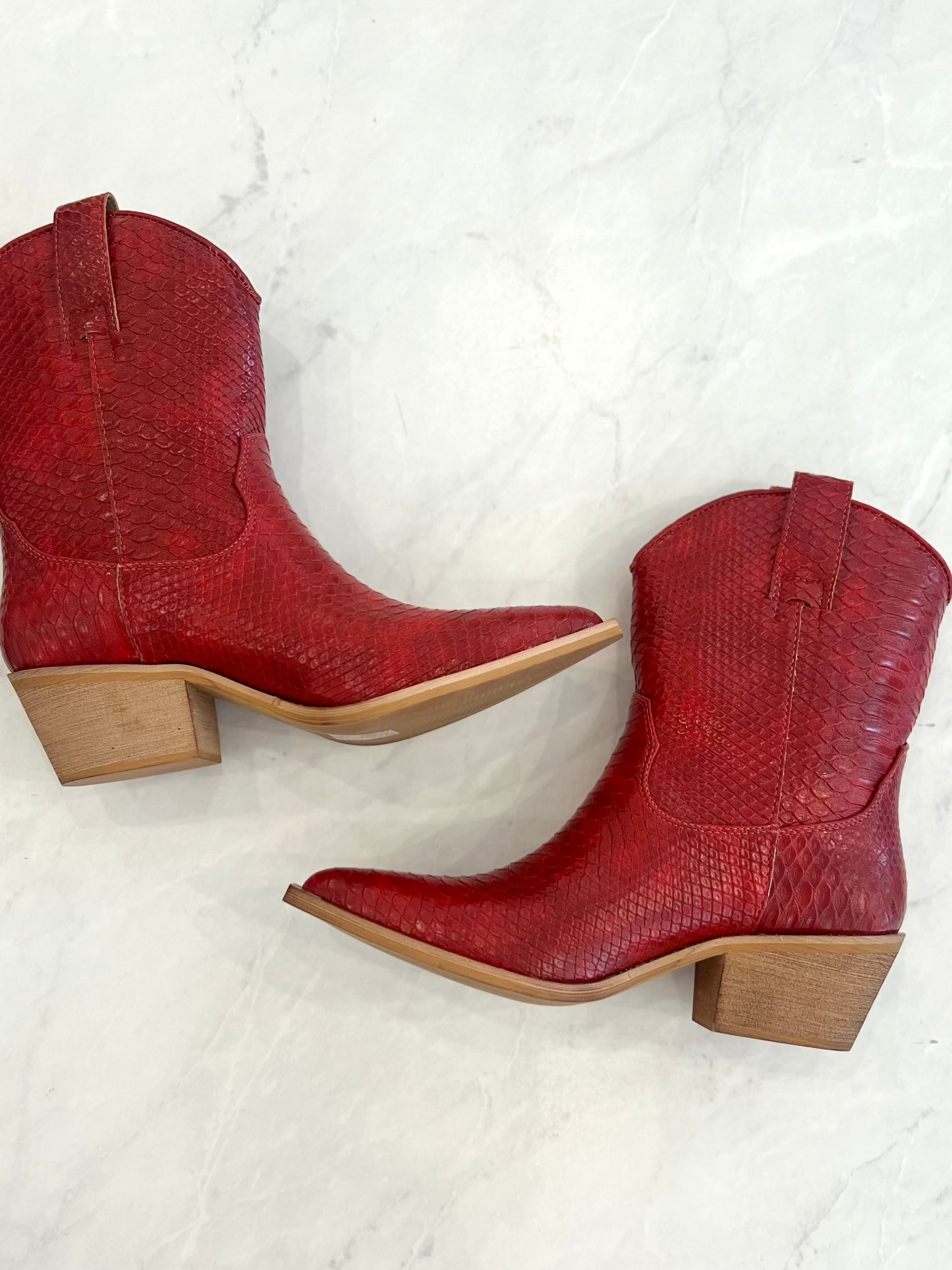 Red Snakeskin Cowboy Heeled Booties