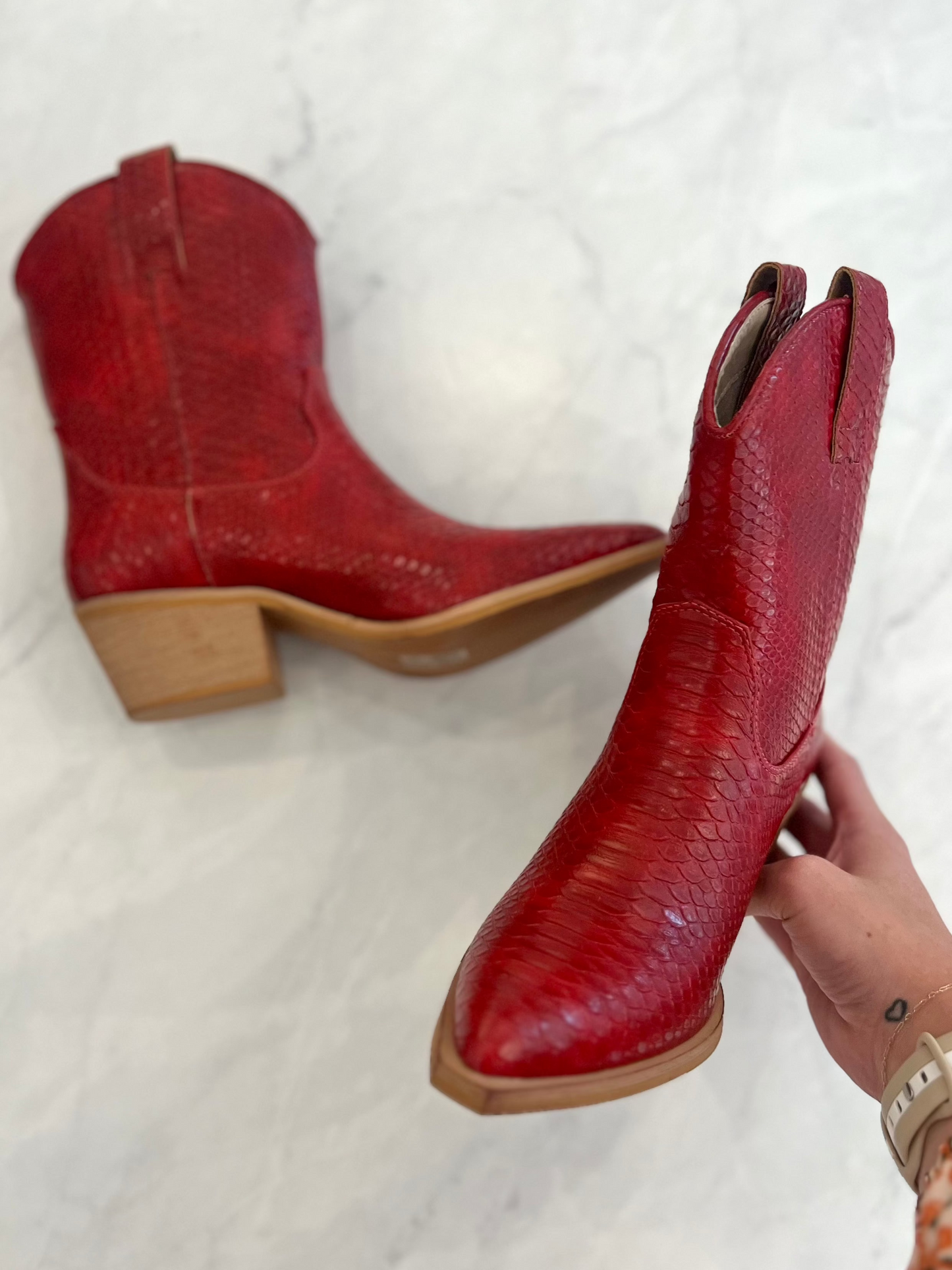 Red Snakeskin Cowboy Heeled Booties