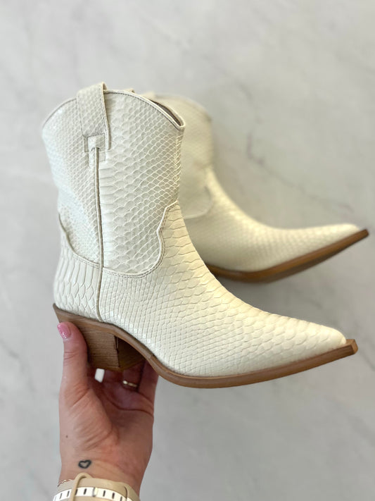 Ivory Snakeskin Cowboy Heeled Booties