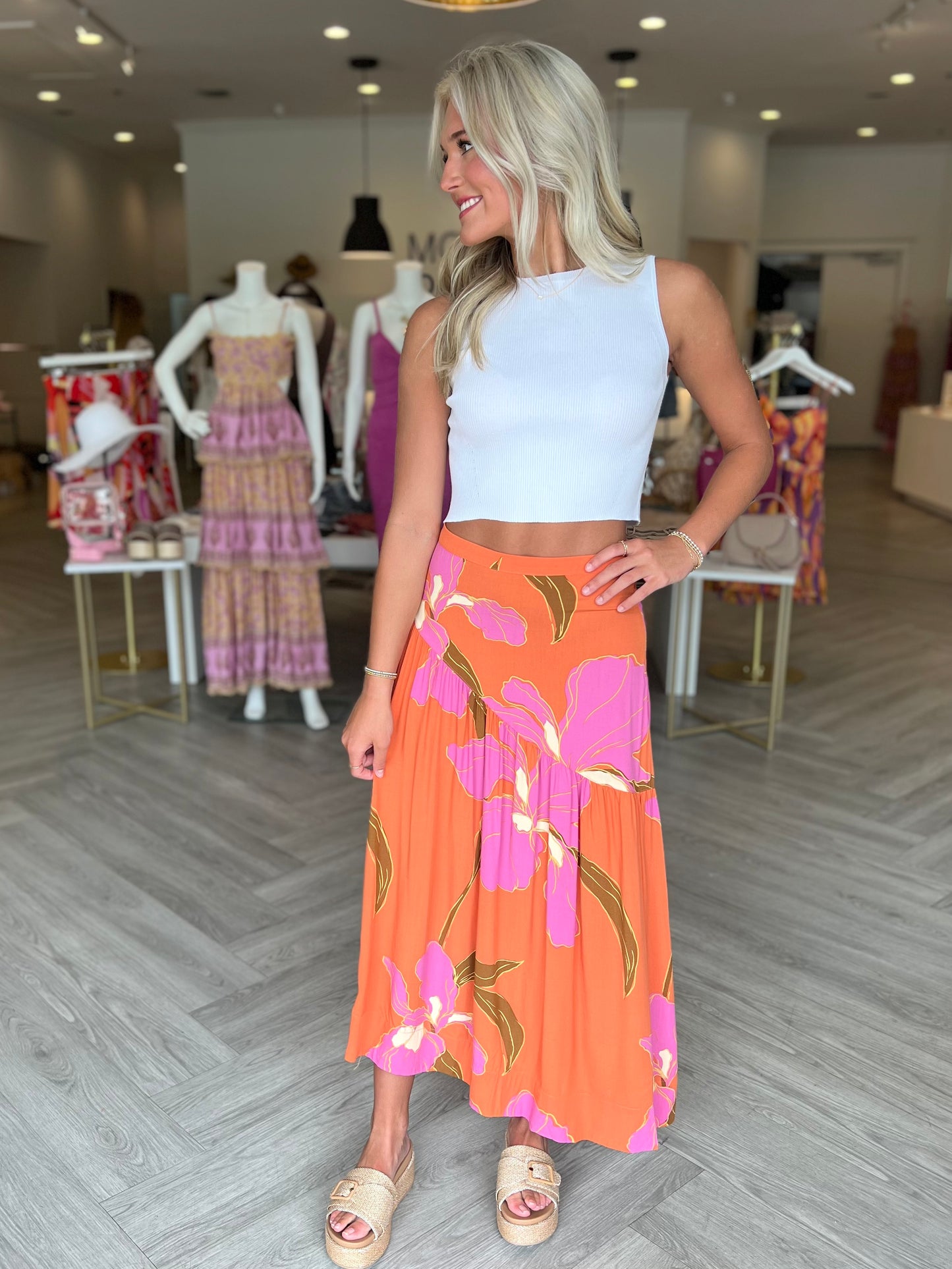 Apricot Pink Print Maxi Skirt