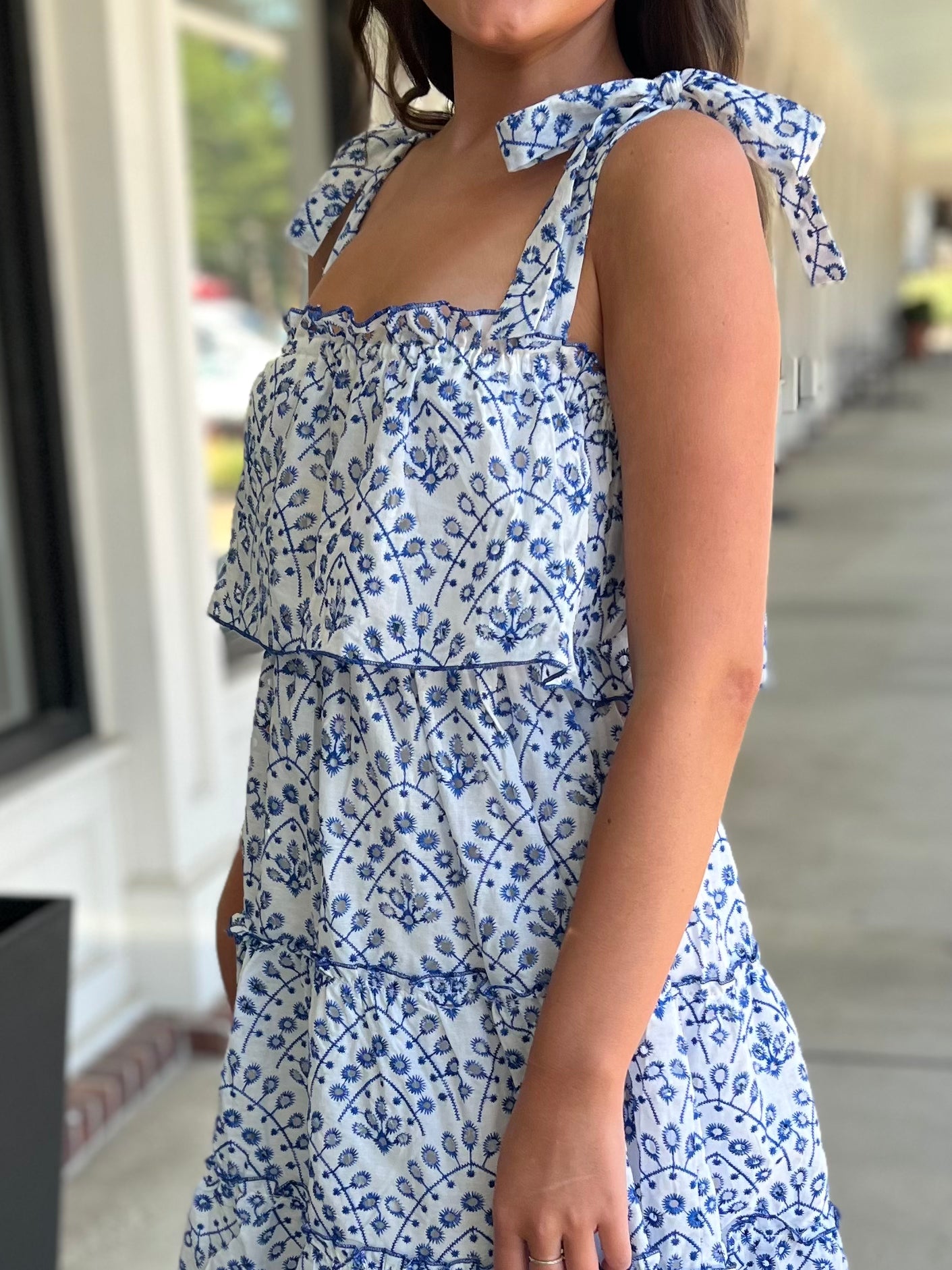 Blue/White Eyelet Tiered Maxi