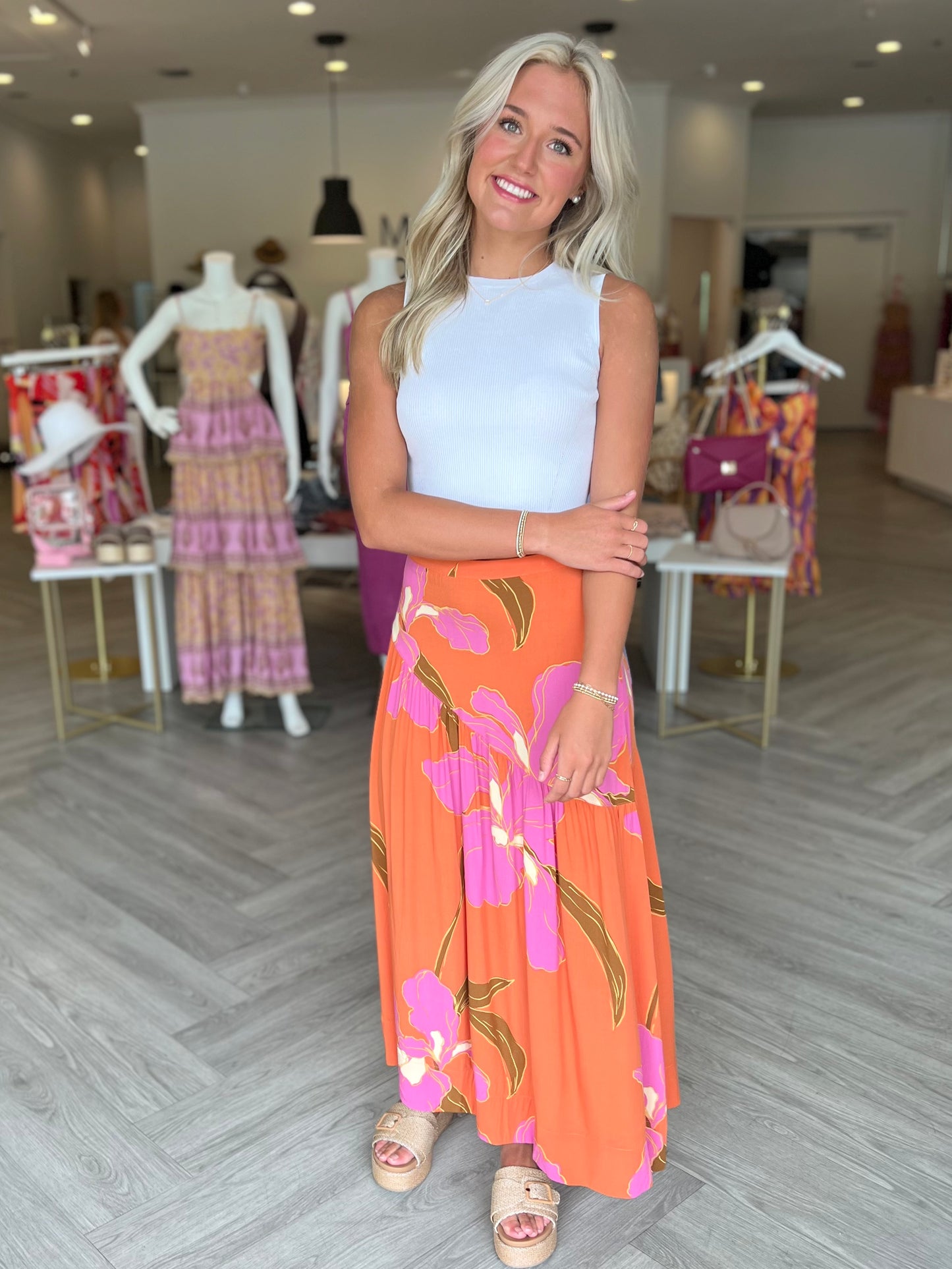 Apricot Pink Print Maxi Skirt