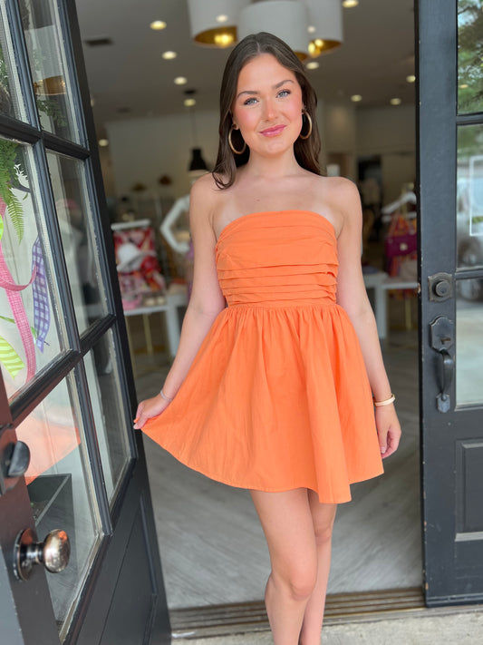 Orange Strapless Pleated Detail Dress