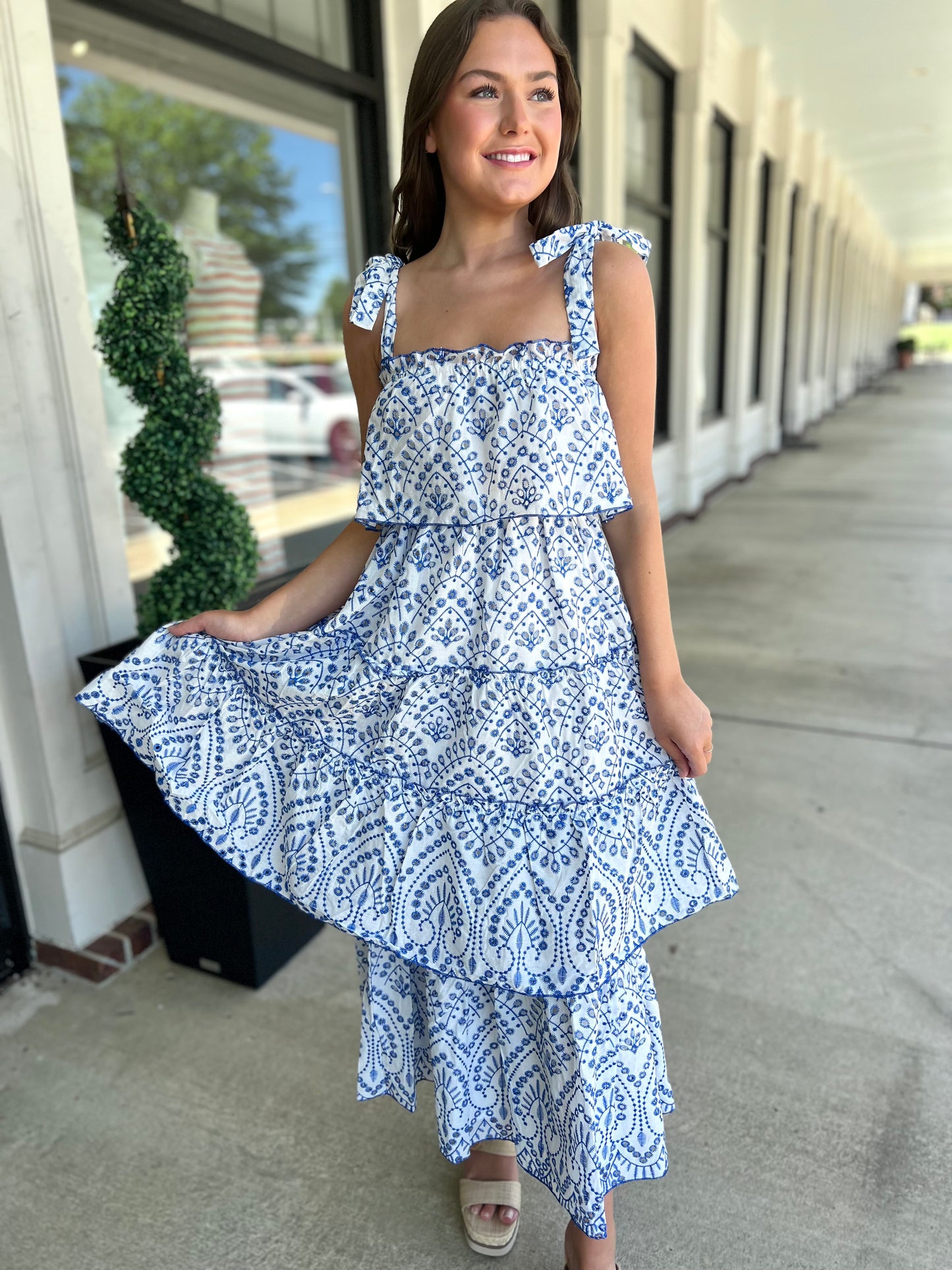 Blue/White Eyelet Tiered Maxi