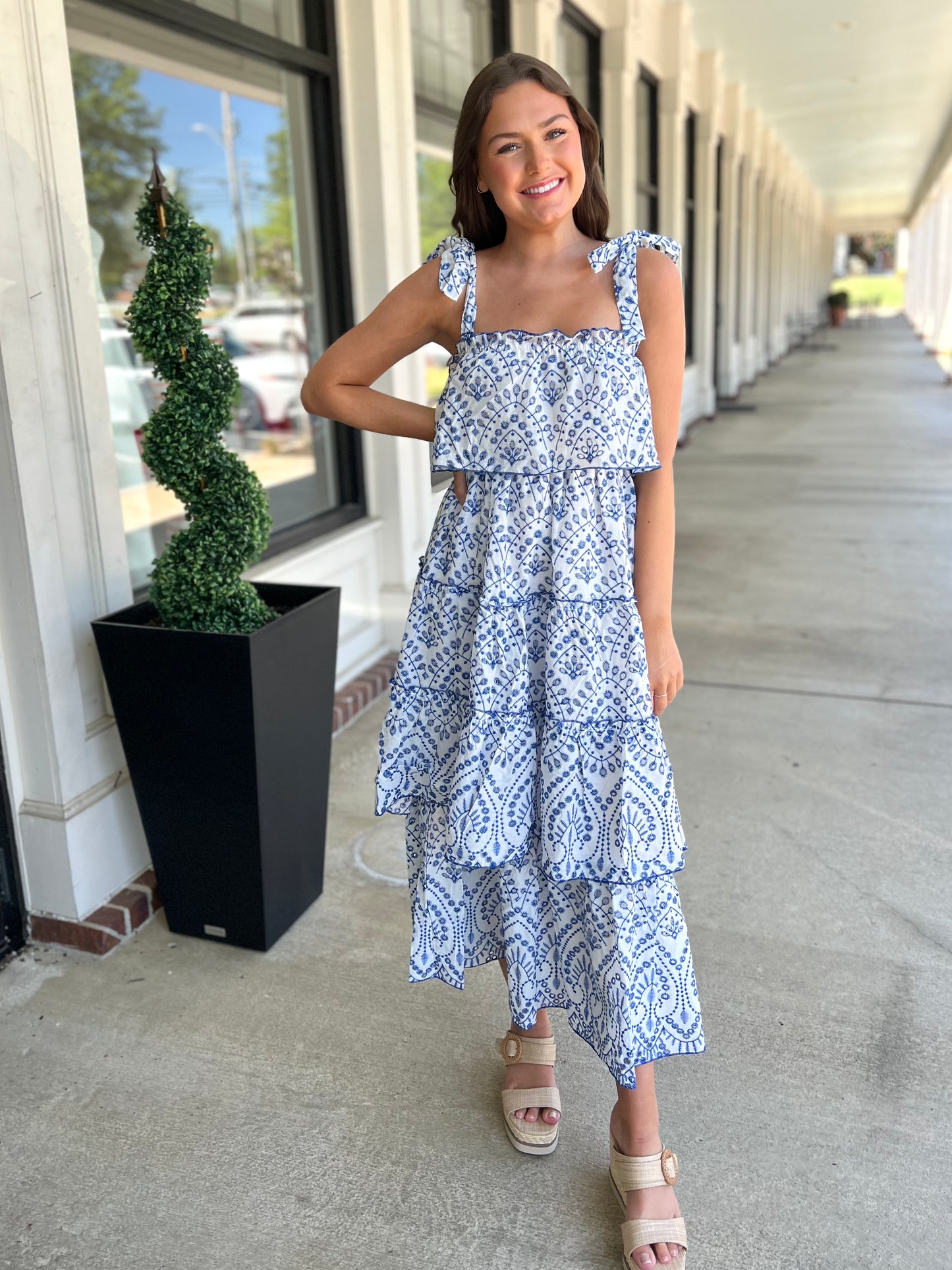 Blue/White Eyelet Tiered Maxi