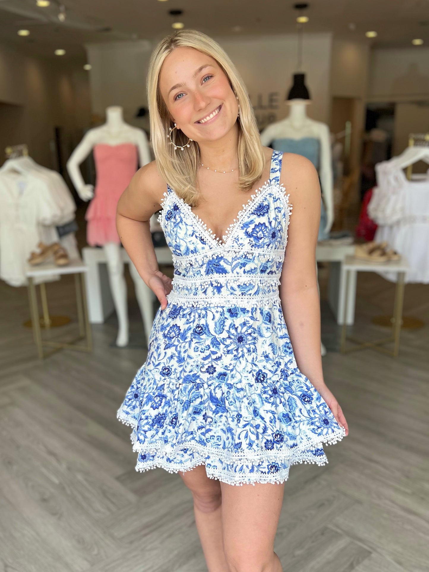 Cream Blue Lace Trim Dress