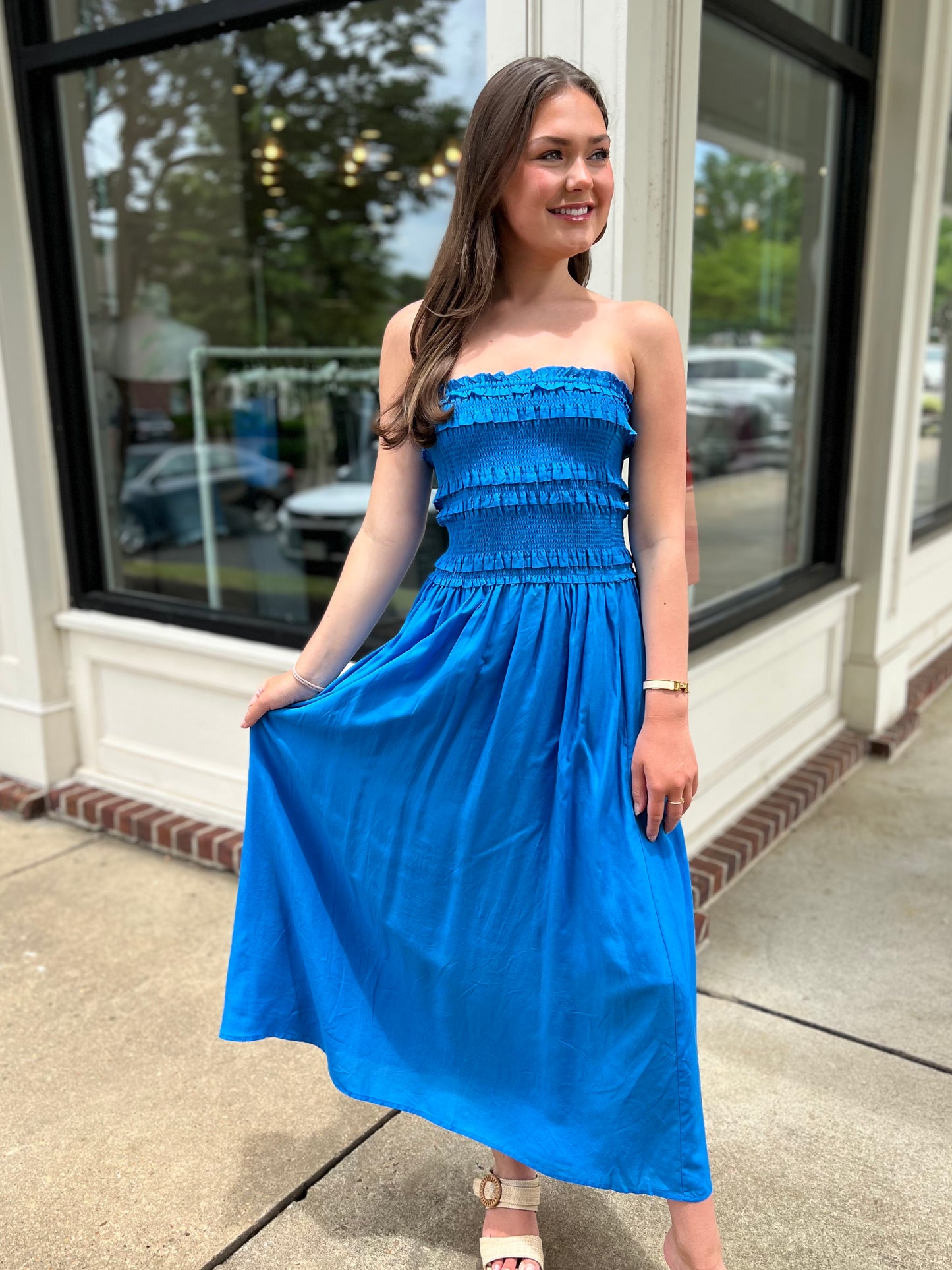 Blue Sleeveless Smocked Dress