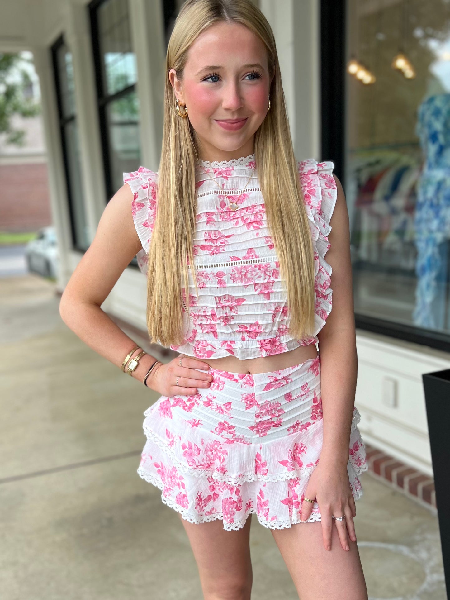 Pink Floral Ruffle Top