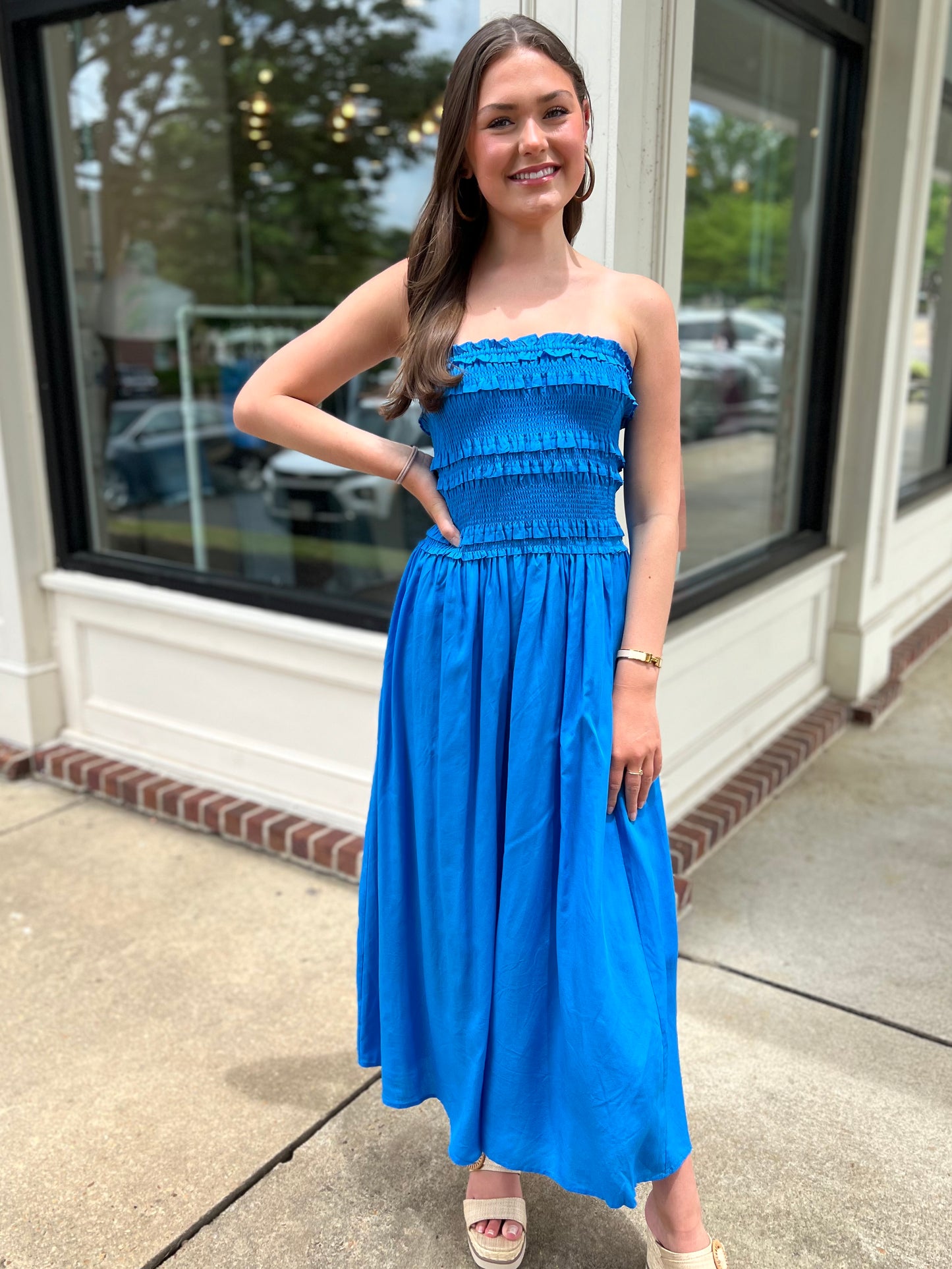 Blue Sleeveless Smocked Dress