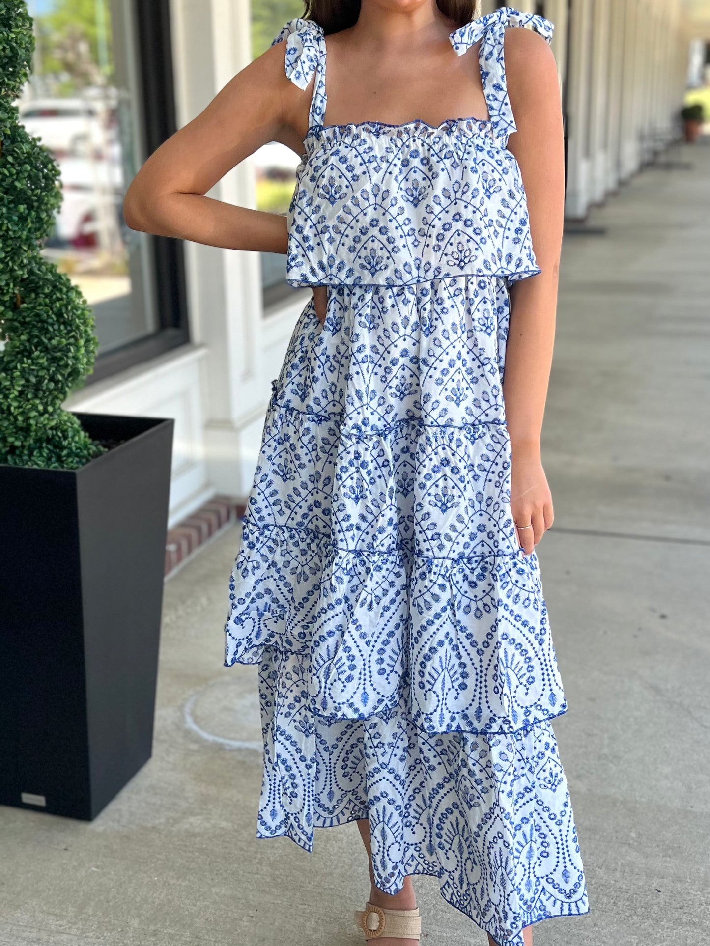 Blue/White Eyelet Tiered Maxi