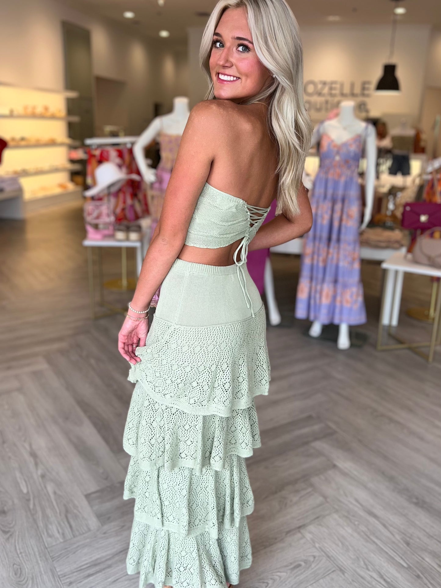 Sage Crochet Ruffle Maxi