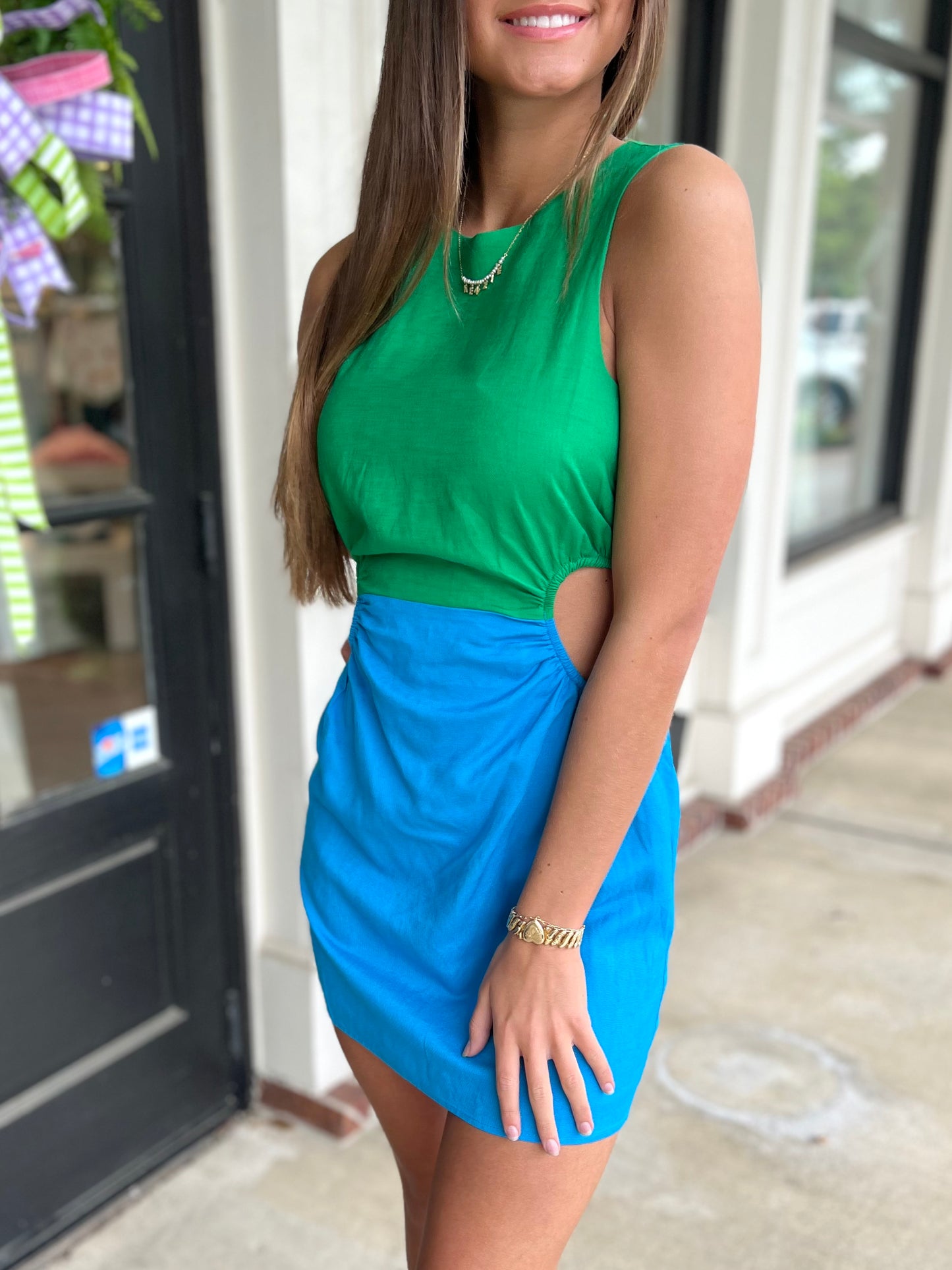 Green/Blue Side Cut-Out Dress